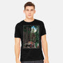 T-Rex Chase Woodblock-Mens-Heavyweight-Tee-DrMonekers