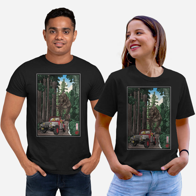 T-Rex Chase Woodblock-Unisex-Basic-Tee-DrMonekers