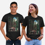 T-Rex Chase Woodblock-Unisex-Basic-Tee-DrMonekers