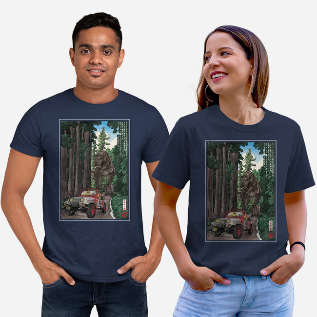 T-Rex Chase Woodblock-Unisex-Basic-Tee-DrMonekers