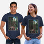 T-Rex Chase Woodblock-Unisex-Basic-Tee-DrMonekers