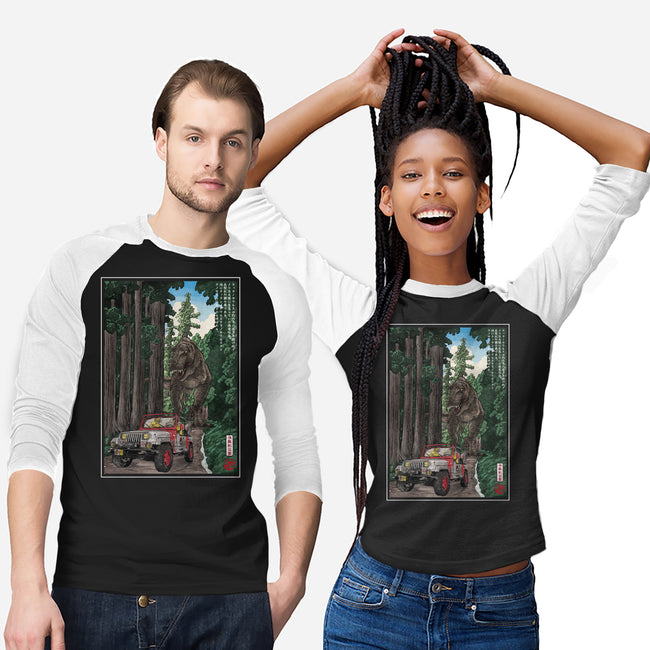 T-Rex Chase Woodblock-Unisex-Baseball-Tee-DrMonekers
