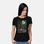 T-Rex Chase Woodblock-Womens-Basic-Tee-DrMonekers