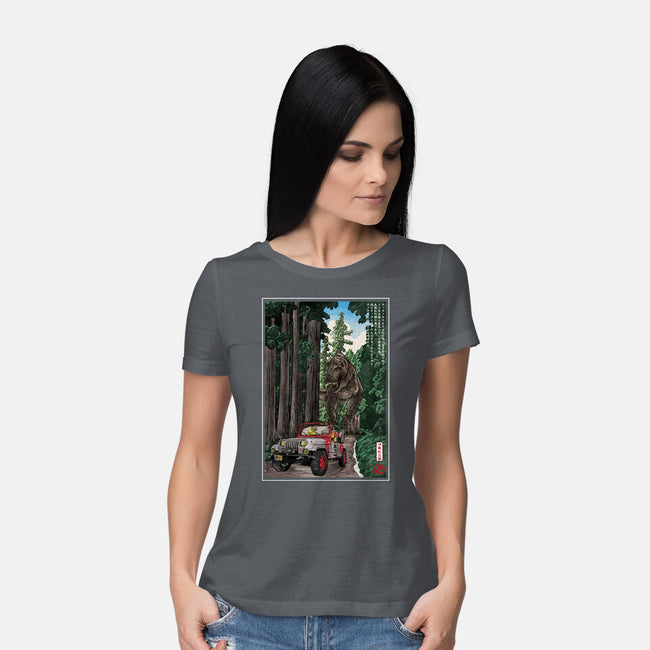 T-Rex Chase Woodblock-Womens-Basic-Tee-DrMonekers