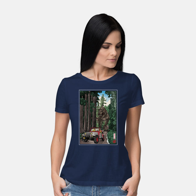 T-Rex Chase Woodblock-Womens-Basic-Tee-DrMonekers