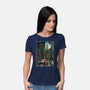 T-Rex Chase Woodblock-Womens-Basic-Tee-DrMonekers