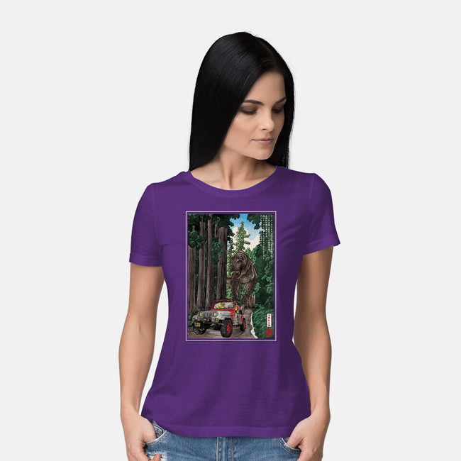 T-Rex Chase Woodblock-Womens-Basic-Tee-DrMonekers