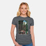 T-Rex Chase Woodblock-Womens-Fitted-Tee-DrMonekers