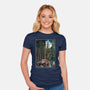 T-Rex Chase Woodblock-Womens-Fitted-Tee-DrMonekers