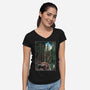 T-Rex Chase Woodblock-Womens-V-Neck-Tee-DrMonekers