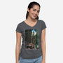 T-Rex Chase Woodblock-Womens-V-Neck-Tee-DrMonekers