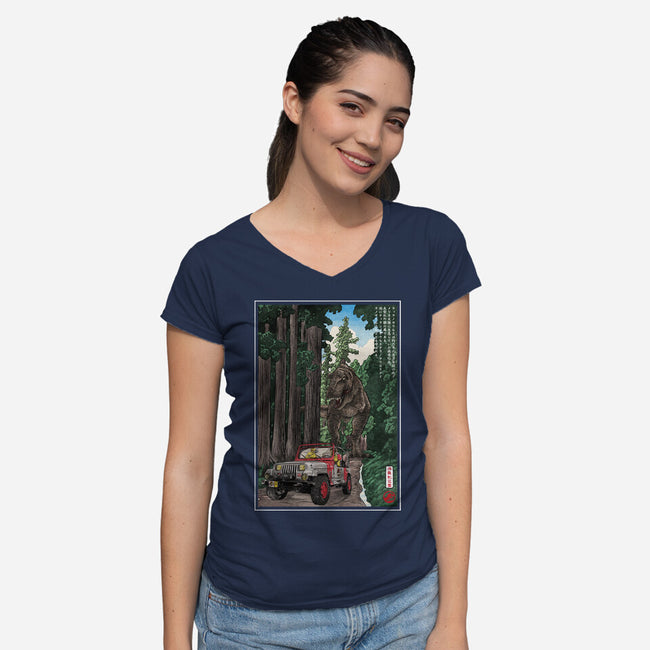 T-Rex Chase Woodblock-Womens-V-Neck-Tee-DrMonekers