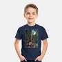 T-Rex Chase Woodblock-Youth-Basic-Tee-DrMonekers
