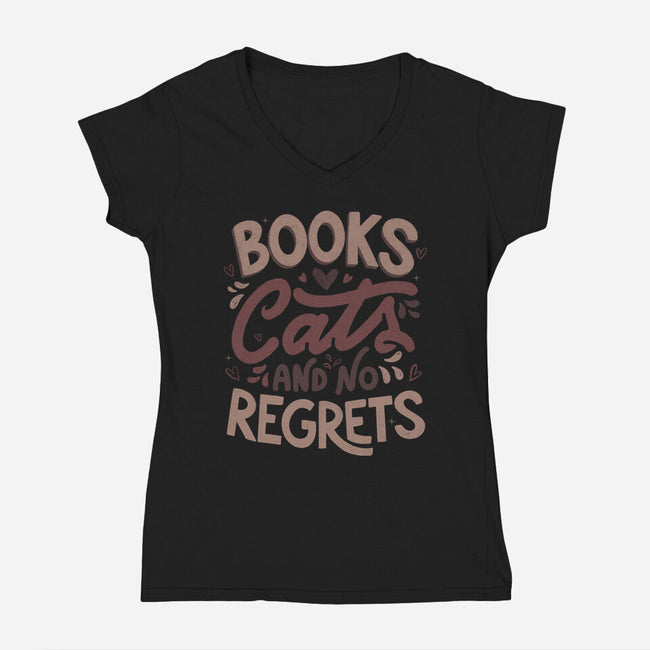 Books Cats And No Regrets-Womens-V-Neck-Tee-tobefonseca