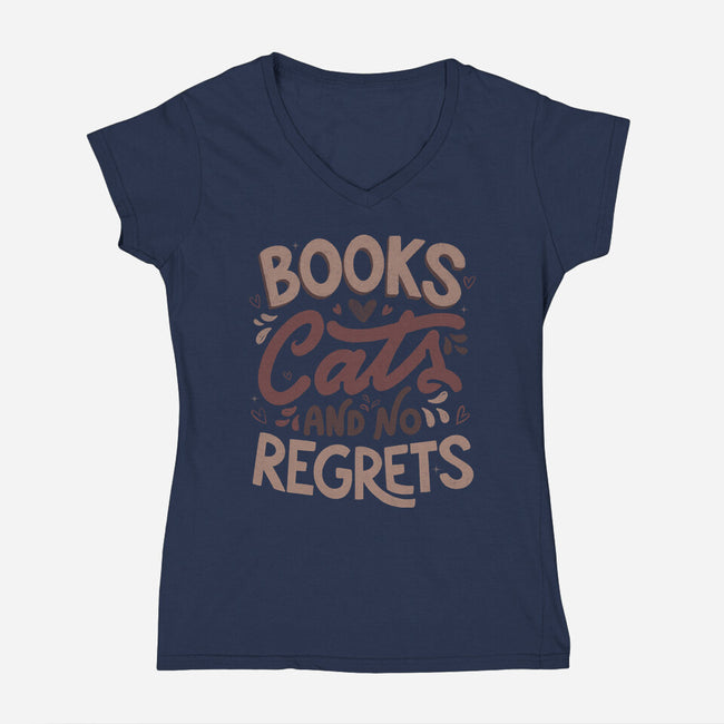 Books Cats And No Regrets-Womens-V-Neck-Tee-tobefonseca