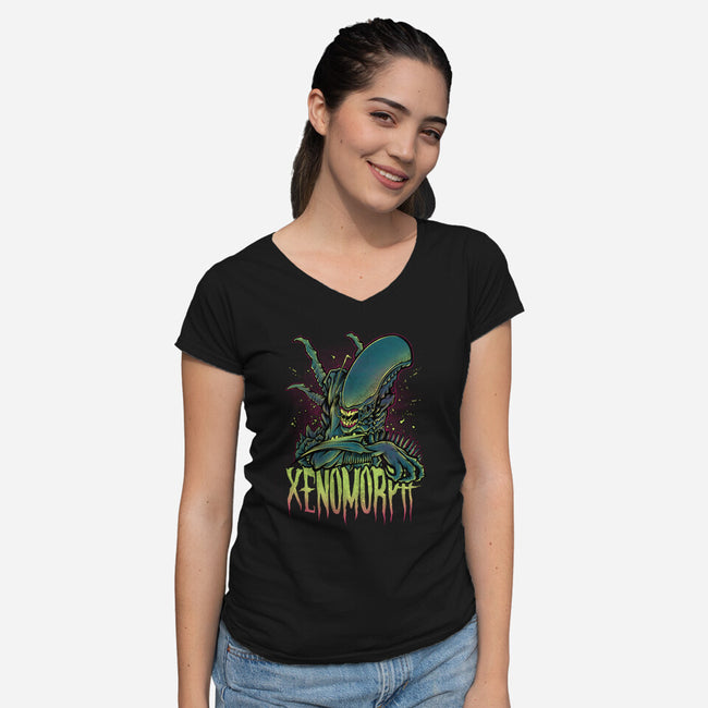 Beware The Xenomorph-Womens-V-Neck-Tee-Fearcheck