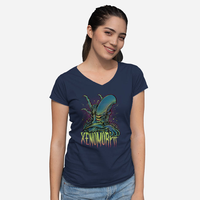 Beware The Xenomorph-Womens-V-Neck-Tee-Fearcheck