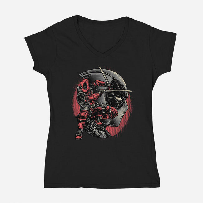 Mercenary In Red-Womens-V-Neck-Tee-glitchygorilla