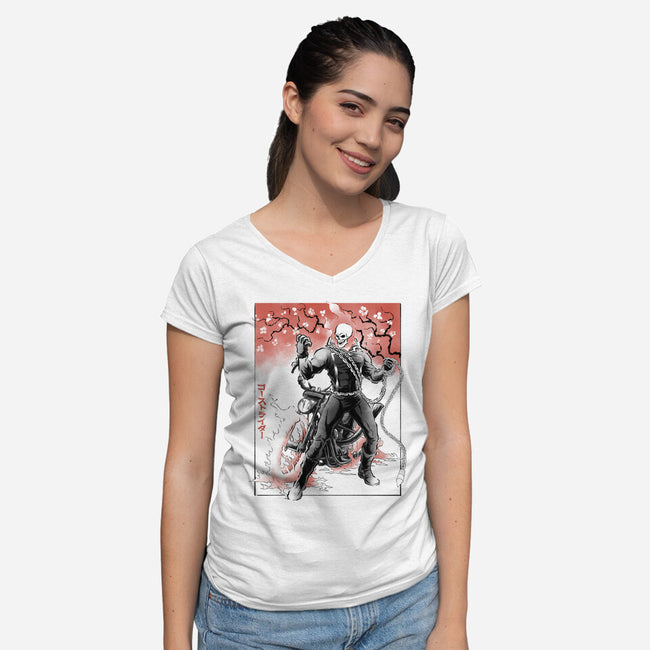 Vengeance Rider Sumi-E-Womens-V-Neck-Tee-Astrobot Invention