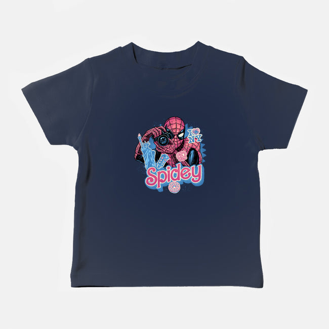Spidey In New York City-Baby-Basic-Tee-glitchygorilla