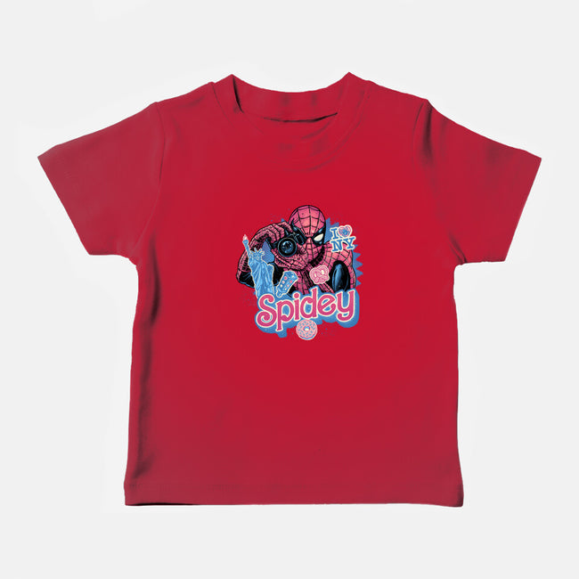 Spidey In New York City-Baby-Basic-Tee-glitchygorilla