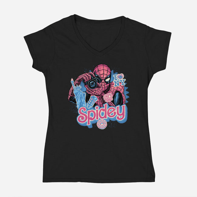 Spidey In New York City-Womens-V-Neck-Tee-glitchygorilla