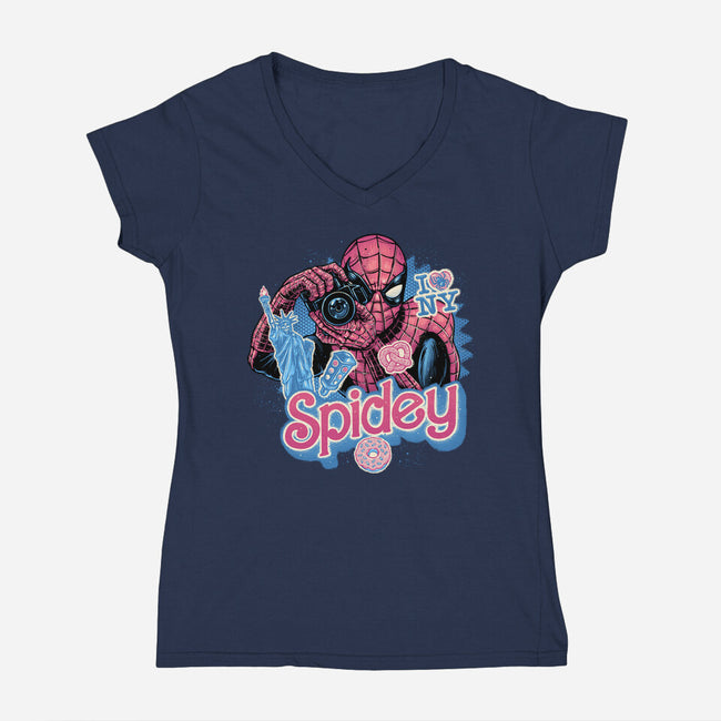 Spidey In New York City-Womens-V-Neck-Tee-glitchygorilla