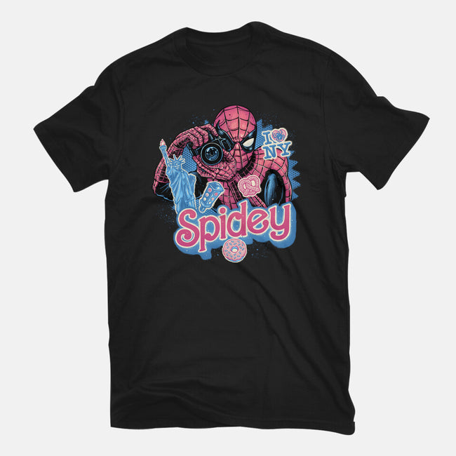 Spidey In New York City-Mens-Basic-Tee-glitchygorilla