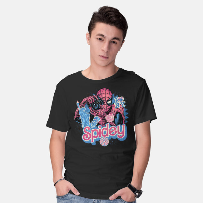 Spidey In New York City-Mens-Basic-Tee-glitchygorilla