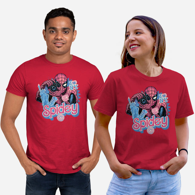 Spidey In New York City-Unisex-Basic-Tee-glitchygorilla