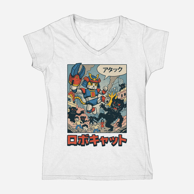 Robocat Attack-Womens-V-Neck-Tee-GODZILLARGE