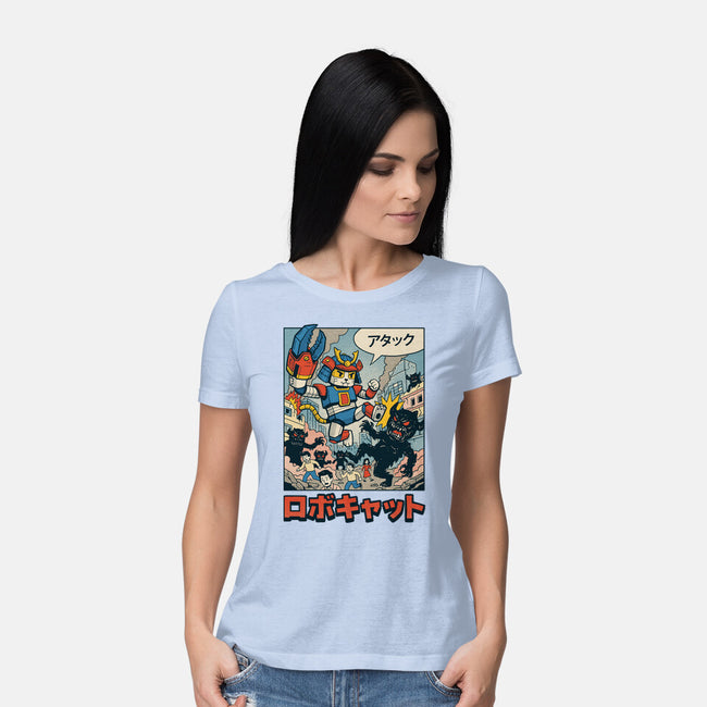 Robocat Attack-Womens-Basic-Tee-GODZILLARGE