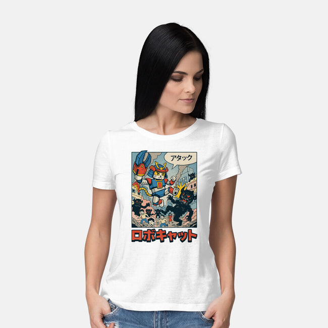 Robocat Attack-Womens-Basic-Tee-GODZILLARGE