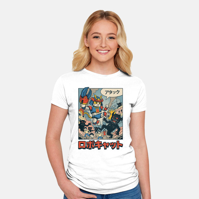 Robocat Attack-Womens-Fitted-Tee-GODZILLARGE