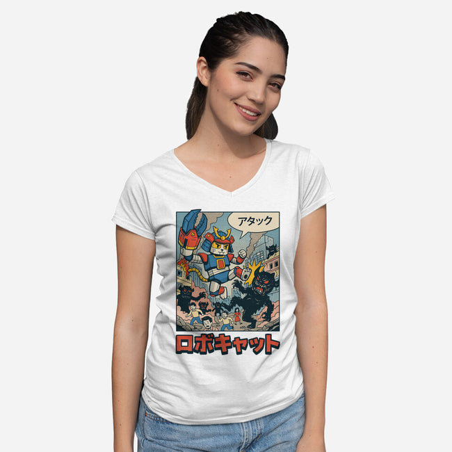 Robocat Attack-Womens-V-Neck-Tee-GODZILLARGE