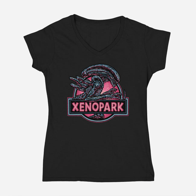 Welcome To Xenopark-Womens-V-Neck-Tee-glitchygorilla