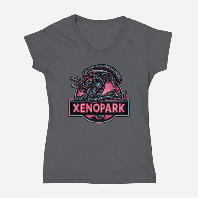 Welcome To Xenopark-Womens-V-Neck-Tee-glitchygorilla