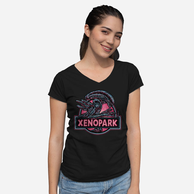 Welcome To Xenopark-Womens-V-Neck-Tee-glitchygorilla