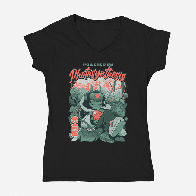 Powered By Photosynthesis-Womens-V-Neck-Tee-Bruno Mota