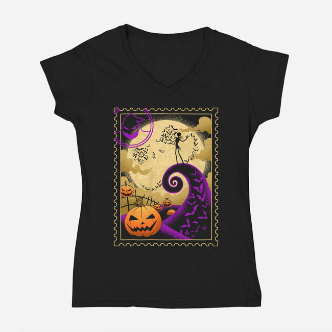 Halloween Postage-Womens-V-Neck-Tee-sachpica
