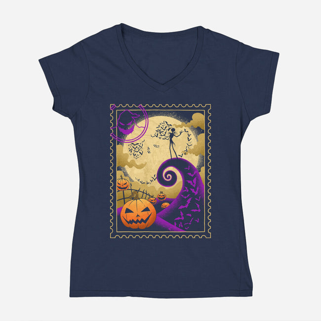 Halloween Postage-Womens-V-Neck-Tee-sachpica