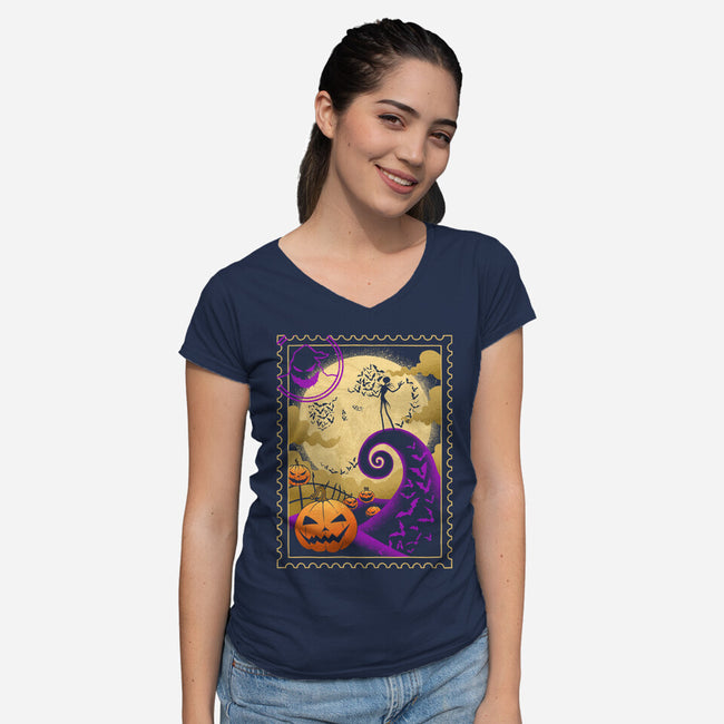 Halloween Postage-Womens-V-Neck-Tee-sachpica