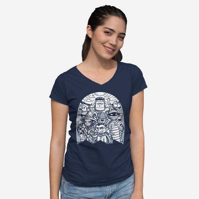Classic Monsters Doodle-Womens-V-Neck-Tee-krisren28