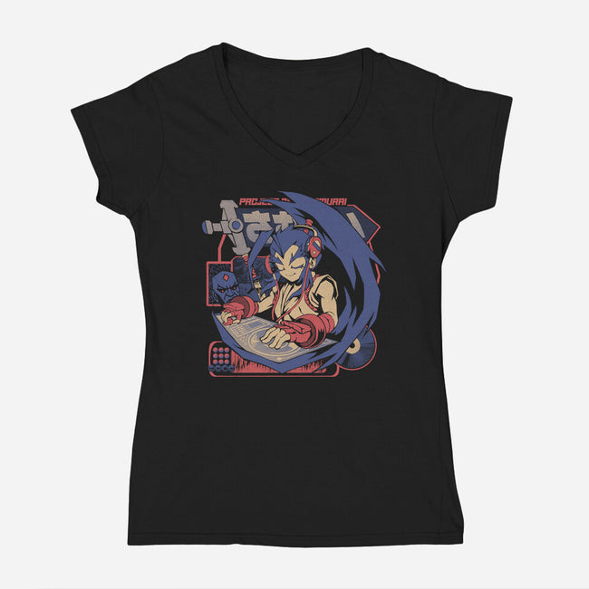 Samurai Beats-Womens-V-Neck-Tee-ilustrata
