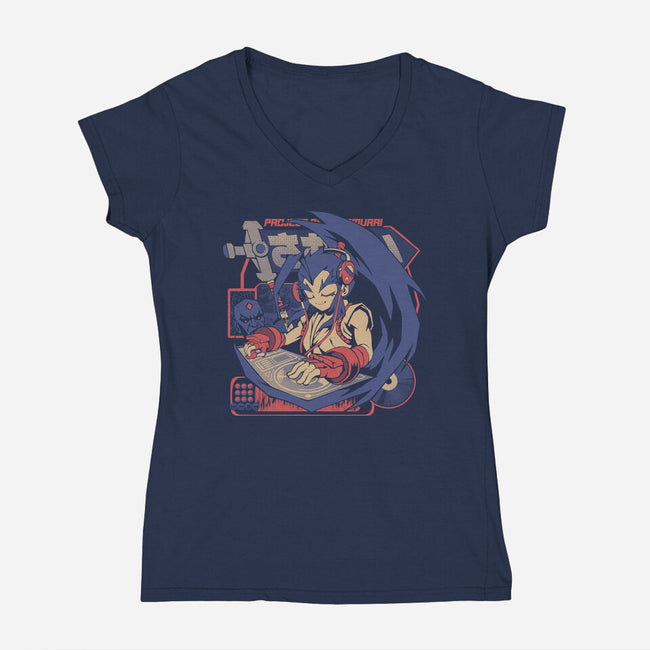 Samurai Beats-Womens-V-Neck-Tee-ilustrata