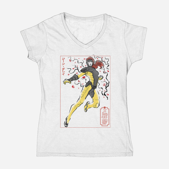 Dark Knight Sumi-E-Womens-V-Neck-Tee-Astrobot Invention