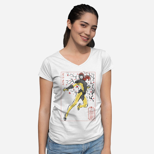Dark Knight Sumi-E-Womens-V-Neck-Tee-Astrobot Invention