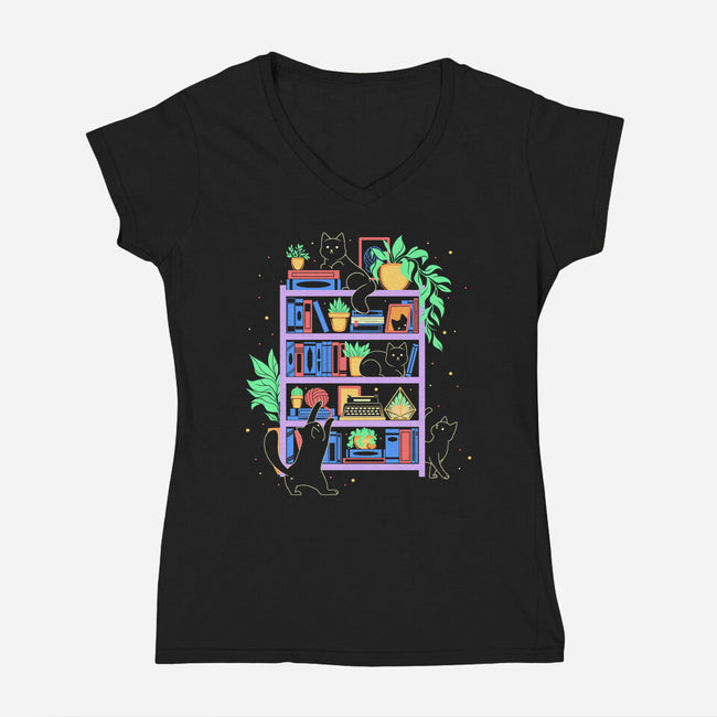 Rainbow Bookshelf Cats-Womens-V-Neck-Tee-tobefonseca