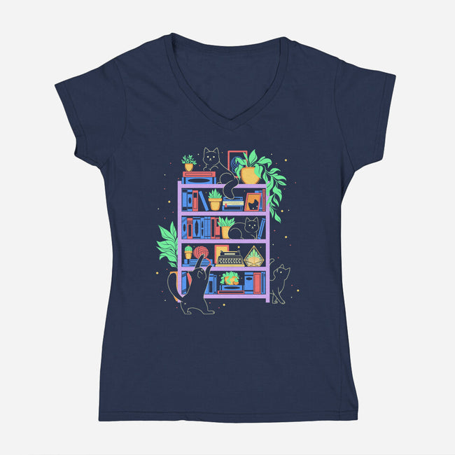 Rainbow Bookshelf Cats-Womens-V-Neck-Tee-tobefonseca