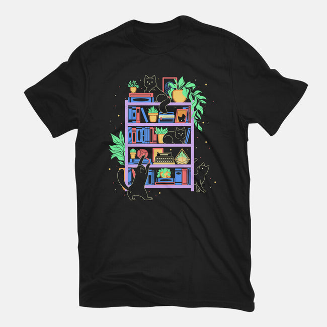 Rainbow Bookshelf Cats-Womens-Basic-Tee-tobefonseca